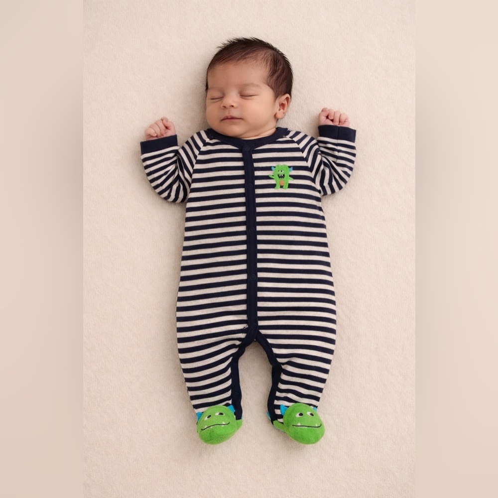 Carter's Navy and White Striped Footie with Green Dinosaur